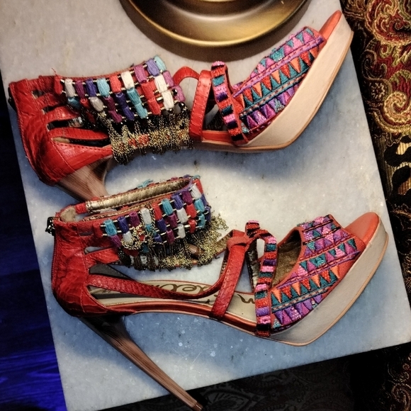 Sam Edelman Red and Purple Sandals with Beaded Straps - Picture 6 of 7
